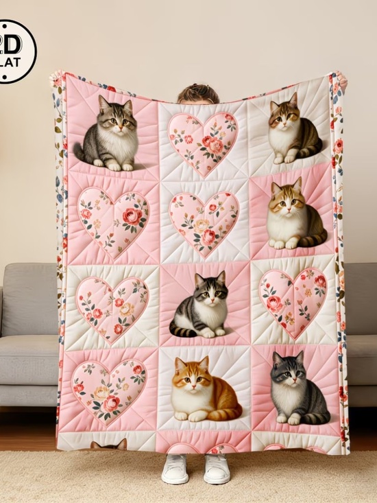 Other - Pink Kitten Patchwork Blanket 60x50 Soft Plush Floral Cat Cozy Gift